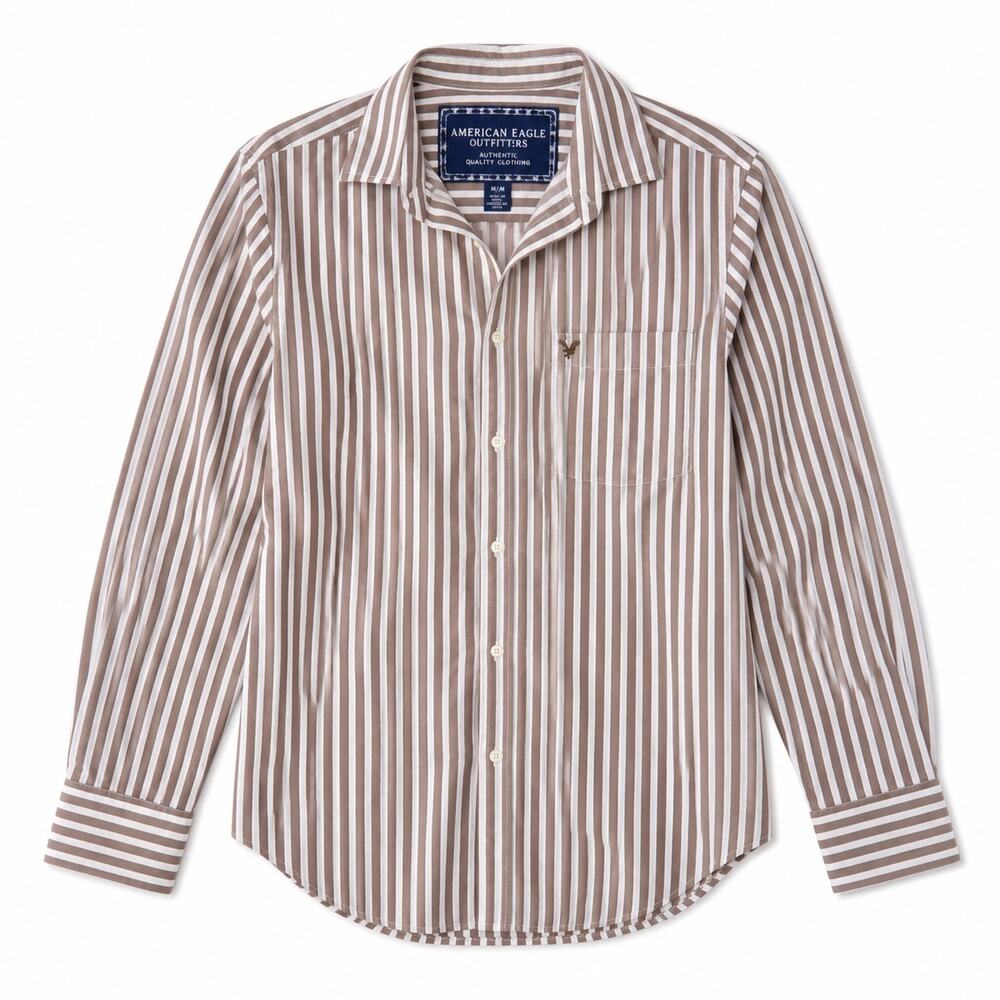 American Eagle Vntg Fit Shirt Mens M White Brown Stripe Long Sleeve Button Logo